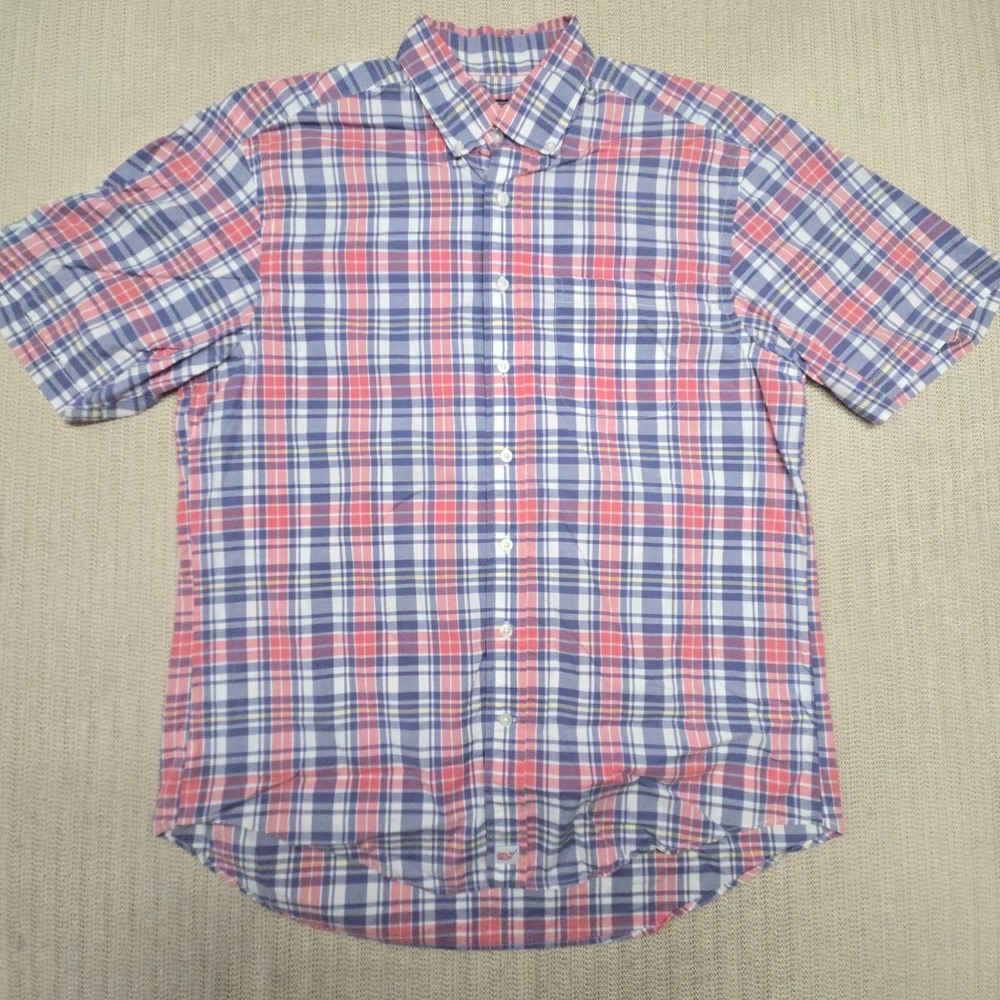 Vineyard Vines Murray Shirt Men Large Pink Blue Plaid Short Sleeve Preppy Casual